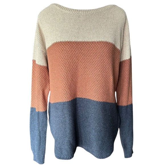 Kuhl Sweaters - Kuhl Bella Striped Colorblock Sweater Merino Wool Blend Blue Tan Rust Medium